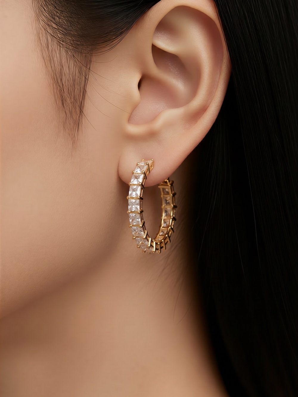Gold Hoop Earrings with Clear Stones - Women's Fashion Jewelry